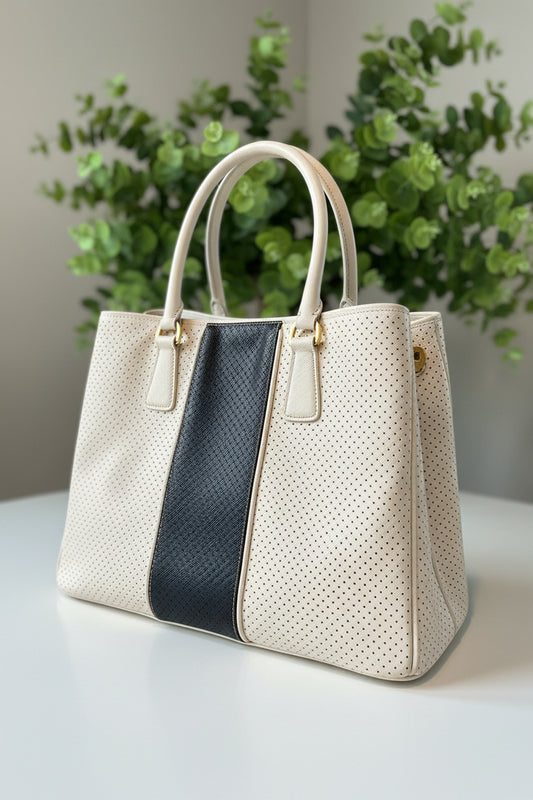 Prada White Black Perforated Saffiano Leather Tote