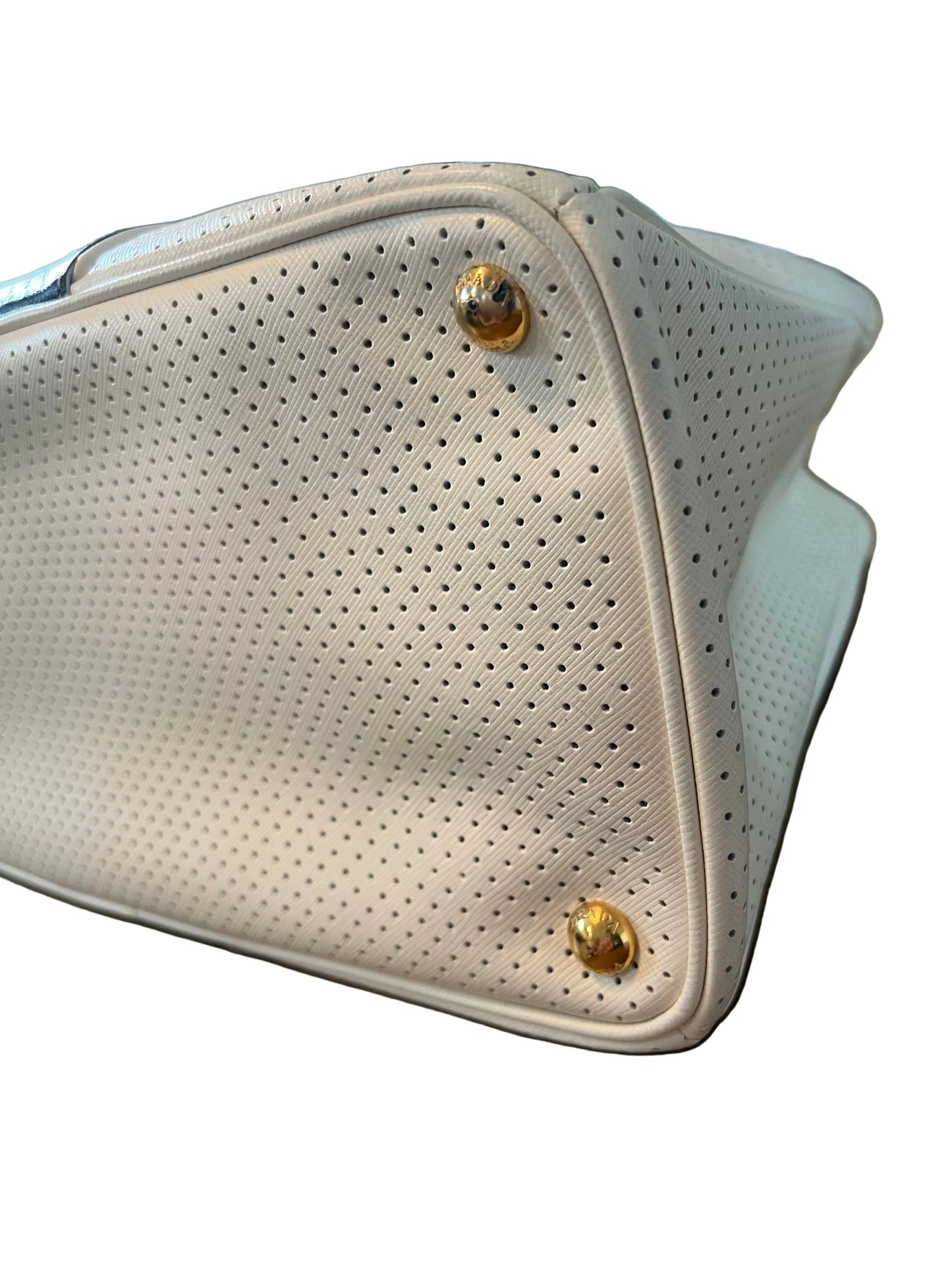 Prada White Black Perforated Saffiano Leather Tote