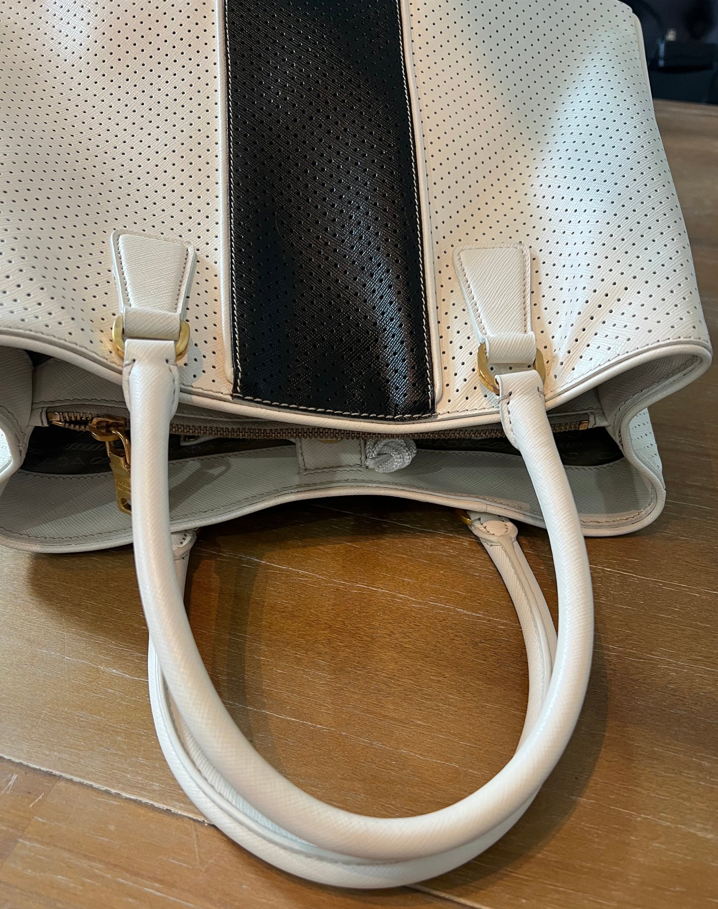 Prada White Black Perforated Saffiano Leather Tote
