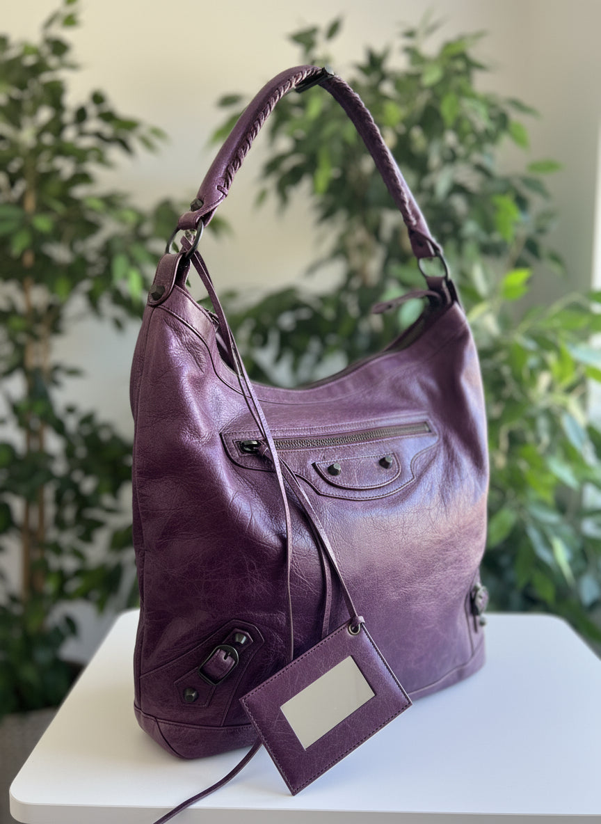 Balenciaga Leather Purple the Day Hobo