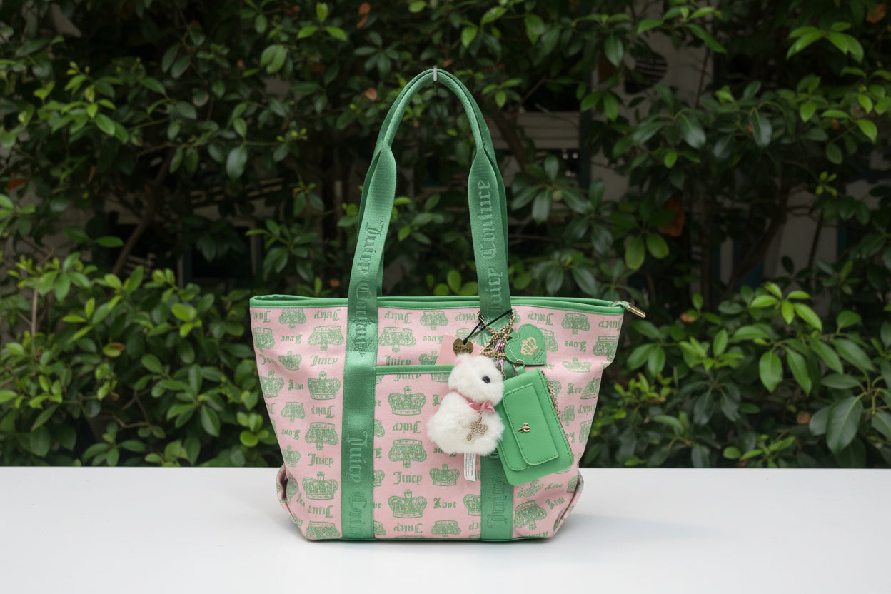 Juicy Pink Green Tote with Charms