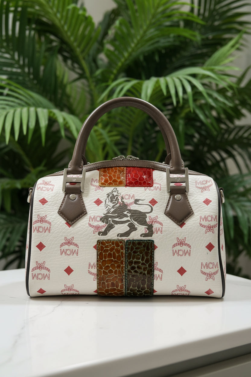 MCM Visetos Striped Munich Lion Boston Bag