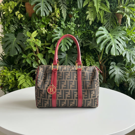 Fendi Zucca Boston Bag Red Leather Trim