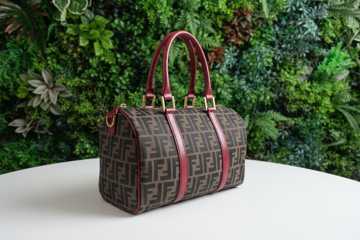 Fendi Zucca Boston Bag Red Leather Trim