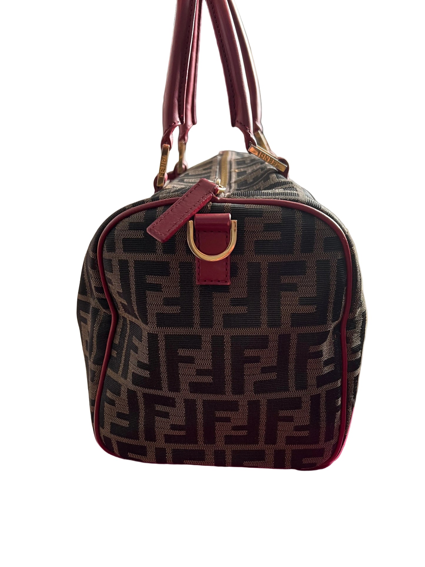 Fendi Zucca Boston Bag Red Leather Trim
