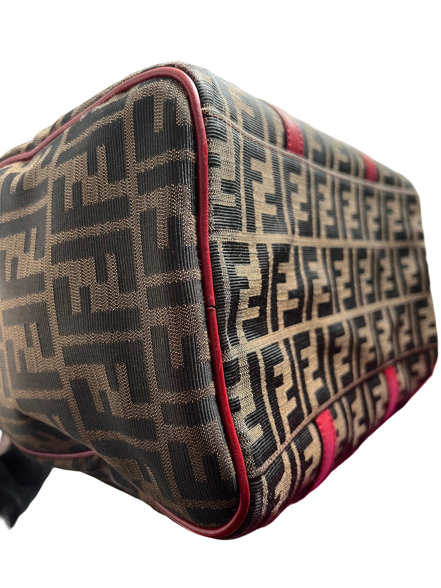 Fendi Zucca Boston Bag Red Leather Trim