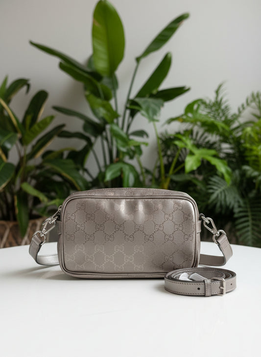 Gucci Metallic Pewter Imprime Camera Bag