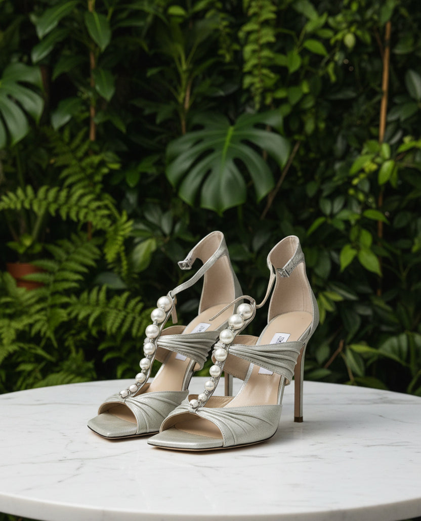 Jimmy Choo Champagne/White Pearl Strap Heels