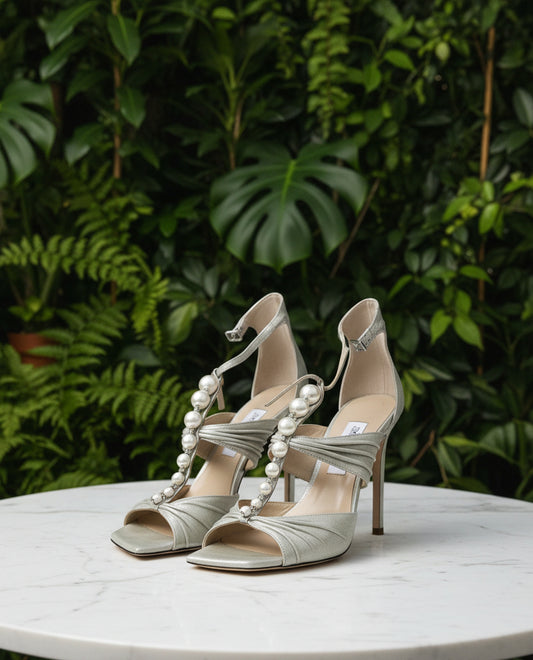 Jimmy Choo Champagne/White Pearl Strap Heels