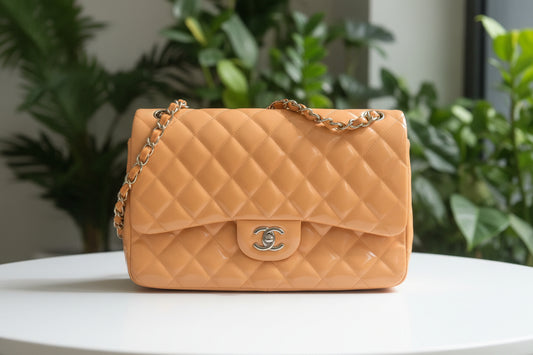 Chanel Peach Patent  Leather Double Flap Jumbo Silver Toned Hardware