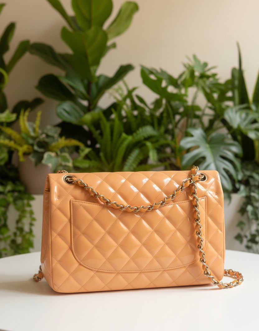 Chanel Peach Patent  Leather Double Flap Jumbo Silver Toned Hardware