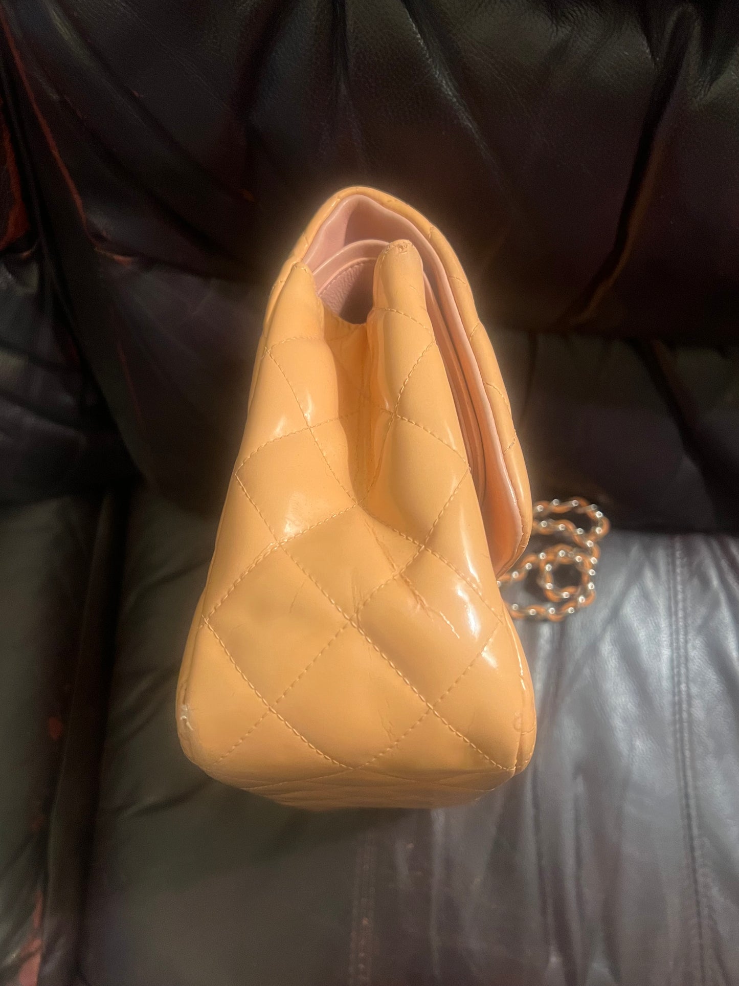 Chanel Peach Patent  Leather Double Flap Jumbo Silver Toned Hardware