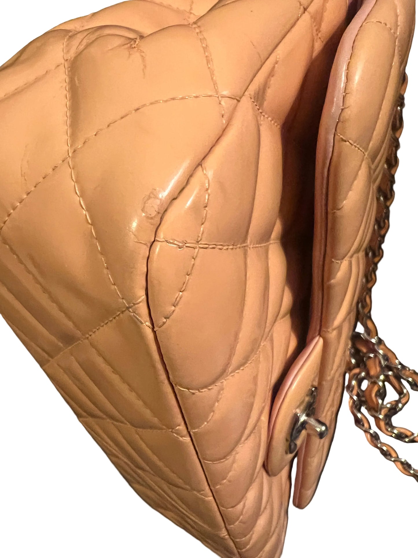 Chanel Peach Patent  Leather Double Flap Jumbo Silver Toned Hardware