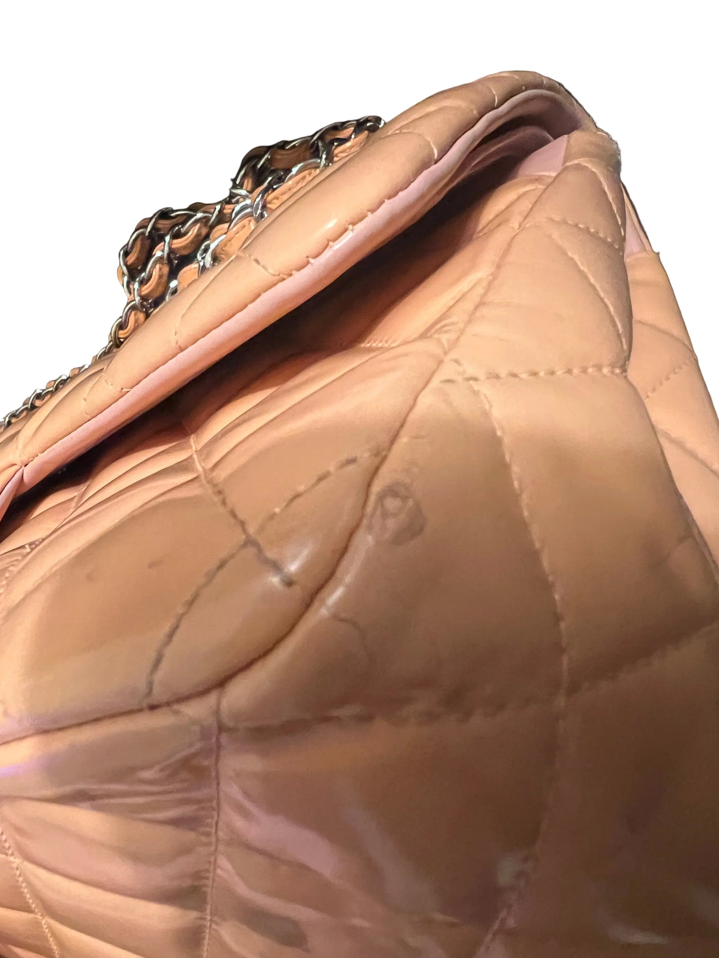 Chanel Peach Patent  Leather Double Flap Jumbo Silver Toned Hardware