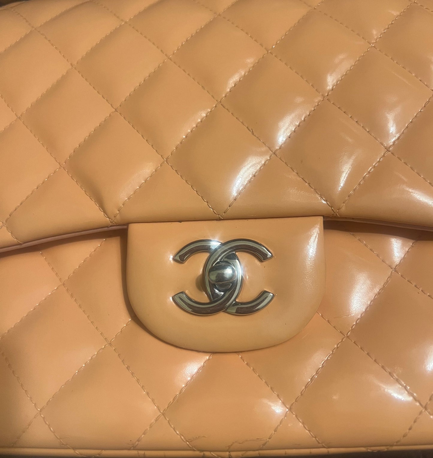 Chanel Peach Patent  Leather Double Flap Jumbo Silver Toned Hardware