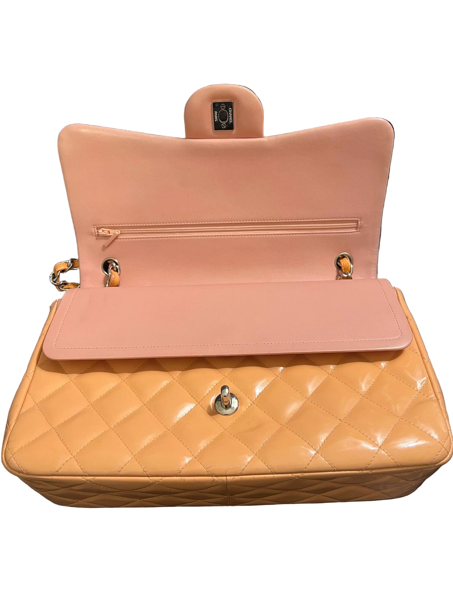 Chanel Peach Patent  Leather Double Flap Jumbo Silver Toned Hardware