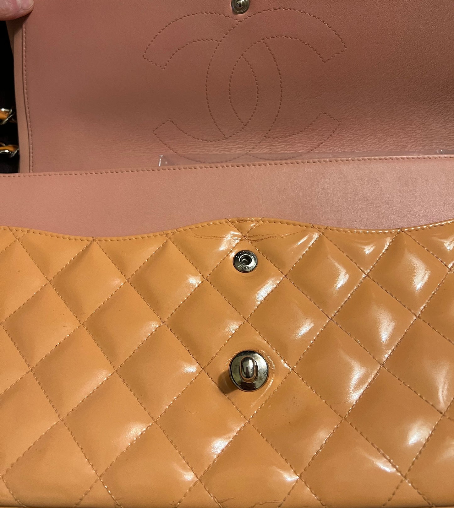 Chanel Peach Patent  Leather Double Flap Jumbo Silver Toned Hardware