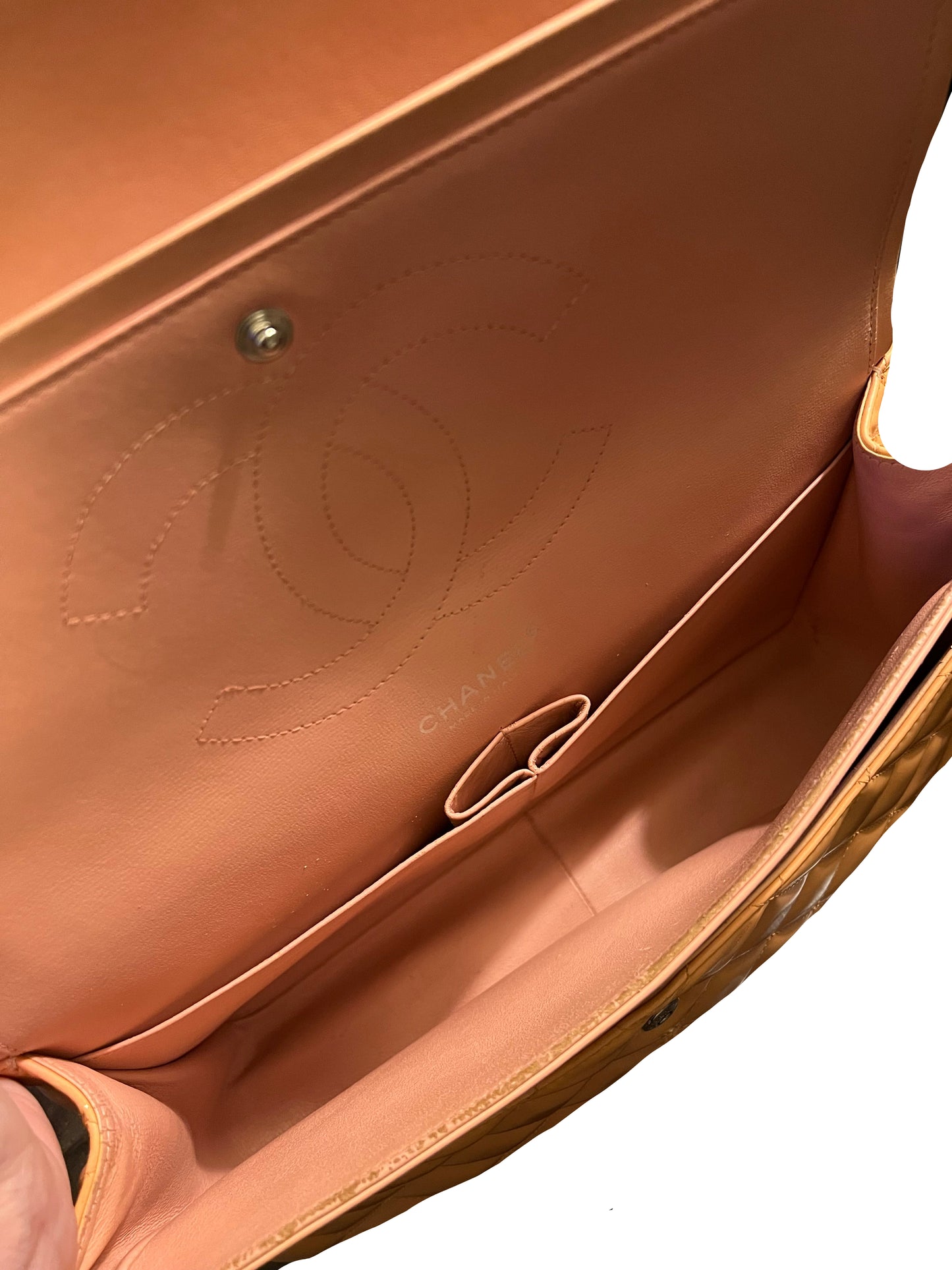 Chanel Peach Patent  Leather Double Flap Jumbo Silver Toned Hardware