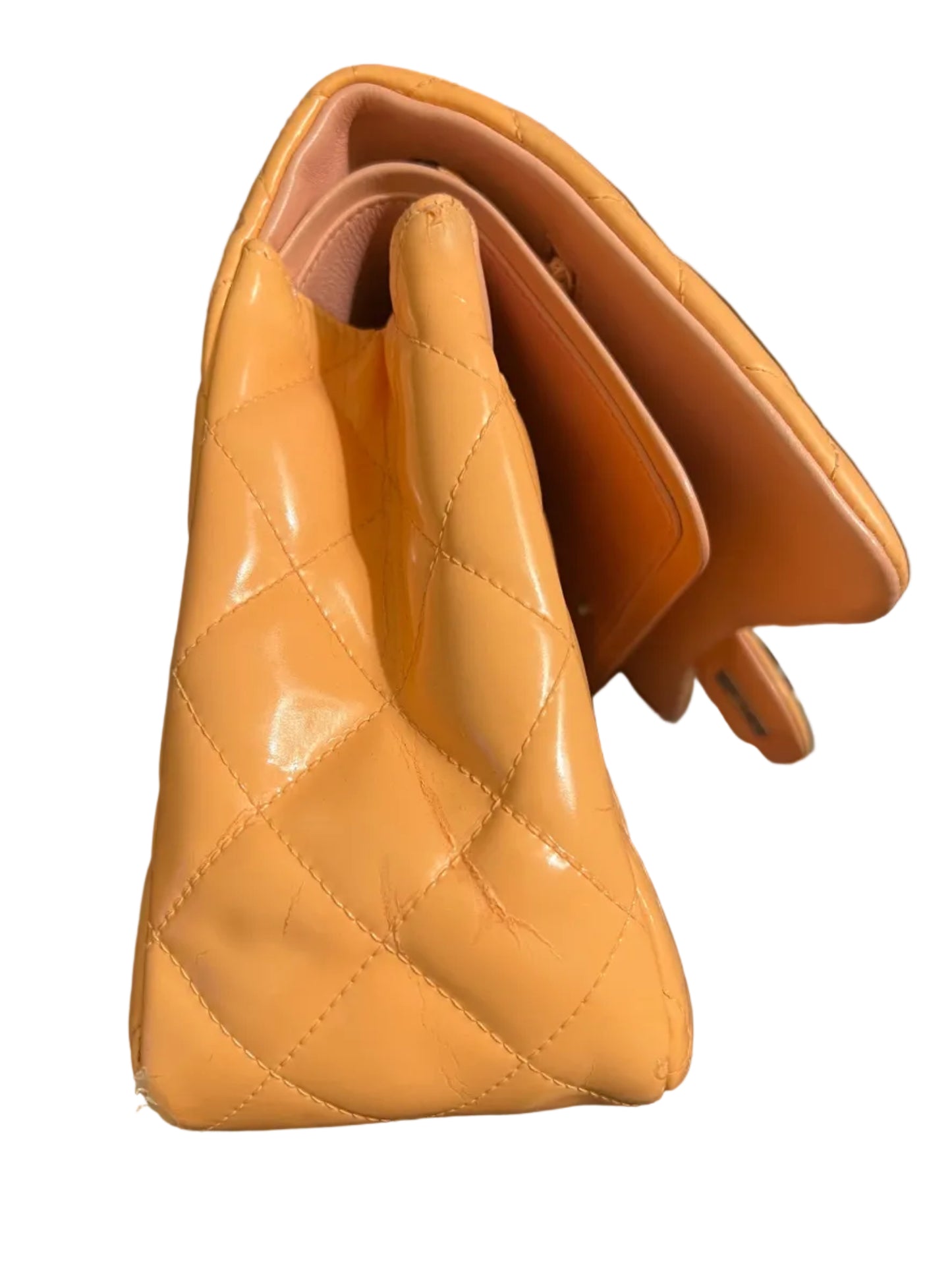 Chanel Peach Patent  Leather Double Flap Jumbo Silver Toned Hardware