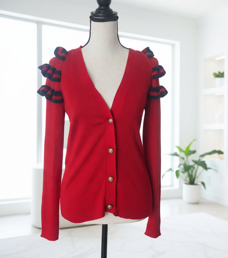 Gucci Red & Navy Ribbed Cardigan Logo Buttons