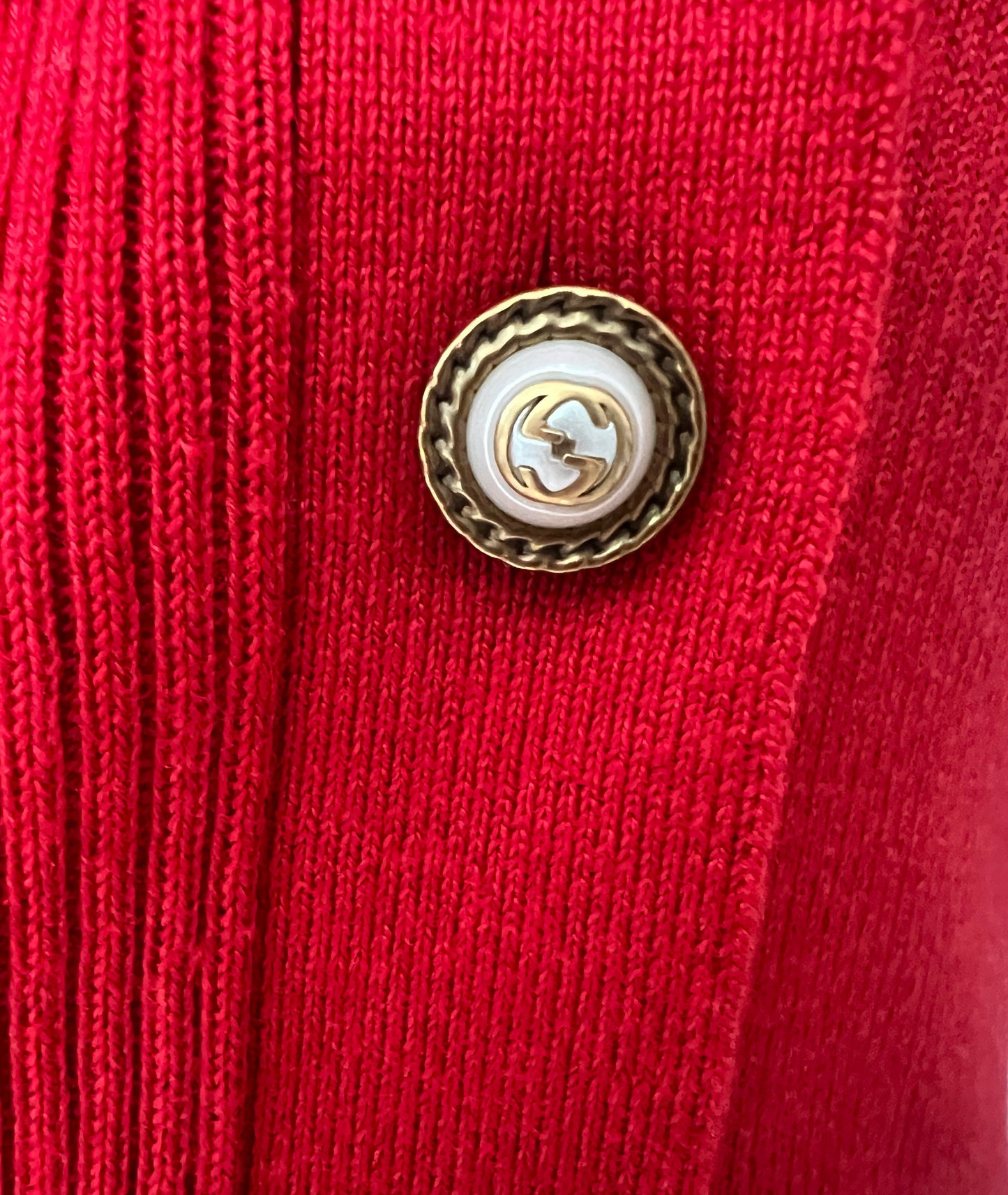 Gucci Red & Navy Ribbed Cardigan Logo Buttons