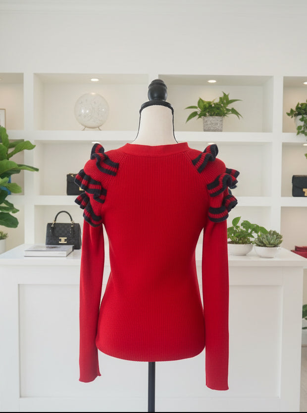 Gucci Red & Navy Ribbed Cardigan Logo Buttons