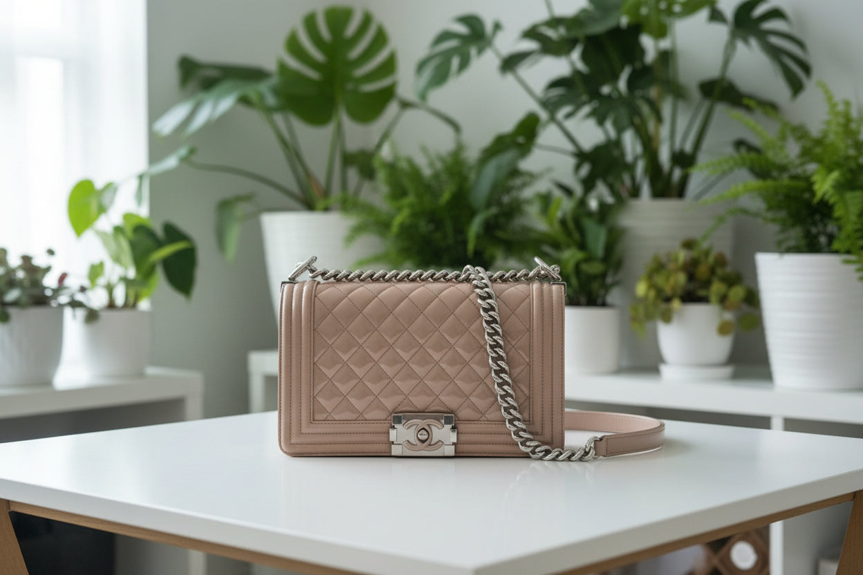 Chanel Patent Nude Old Medium Boy Bag