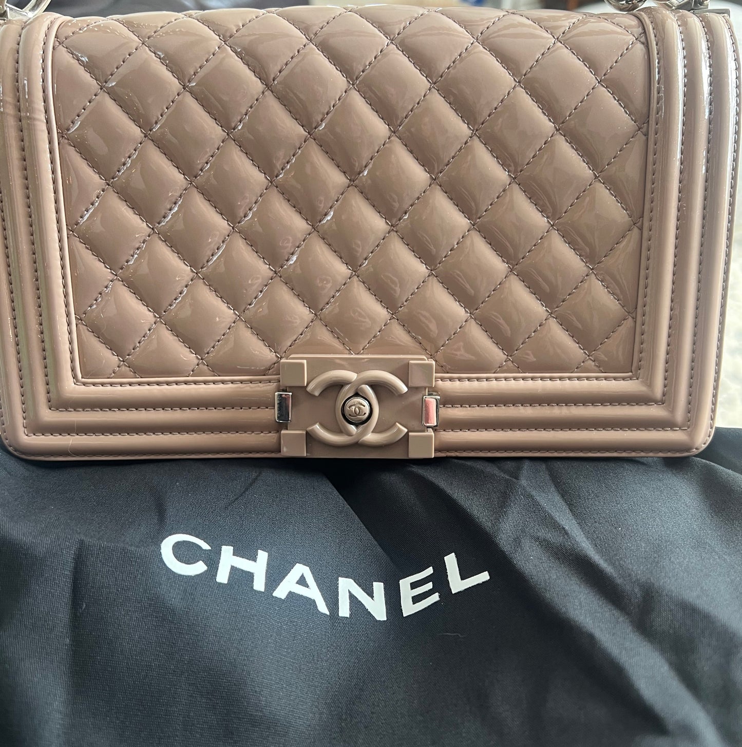 Chanel Patent Nude Old Medium Boy Bag