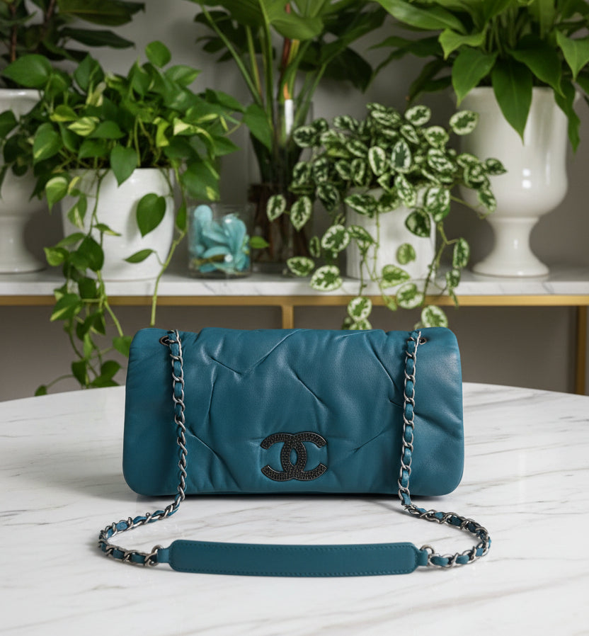 Chanel Teal Blue Iridescent Glint Flap Bag - Crinkled Calfskin