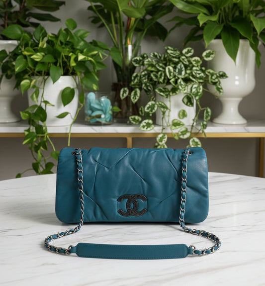 Chanel Teal Blue Iridescent Glint Flap Bag - Crinkled Calfskin