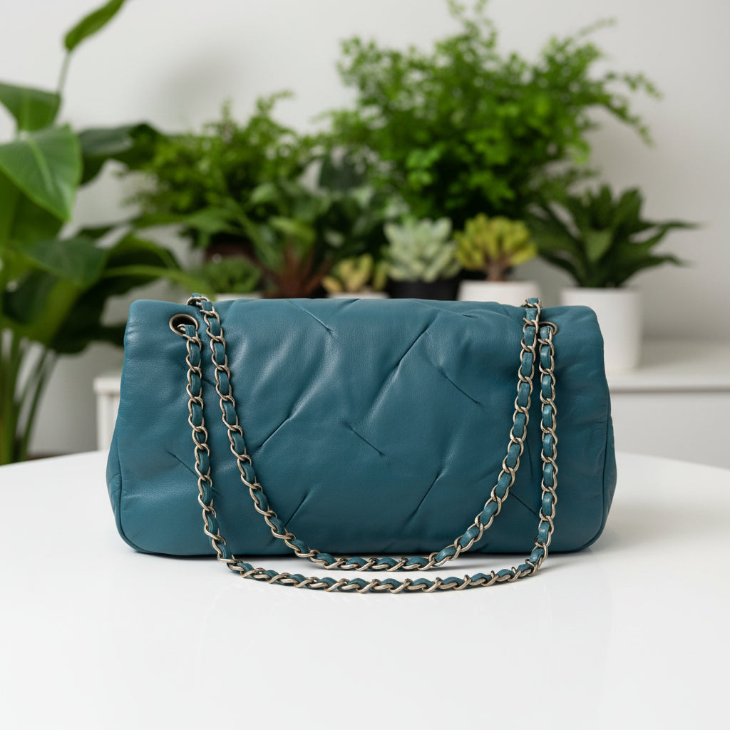 Chanel Teal Blue Iridescent Glint Flap Bag - Crinkled Calfskin