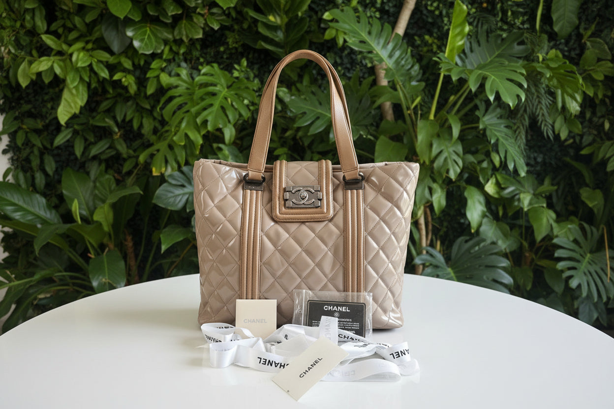 Chanel Beige Quilted Boy Tote Aged Glazed Calfskin