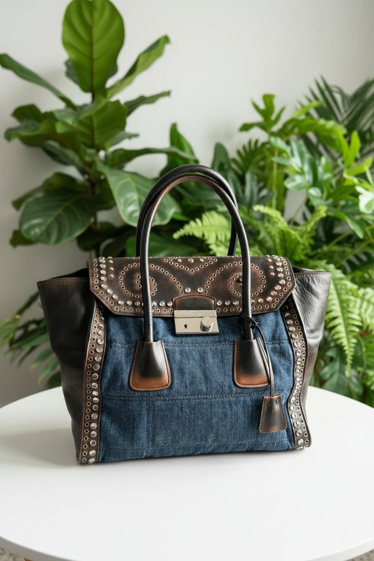 Prada Denim & Leather Studded Satchel
