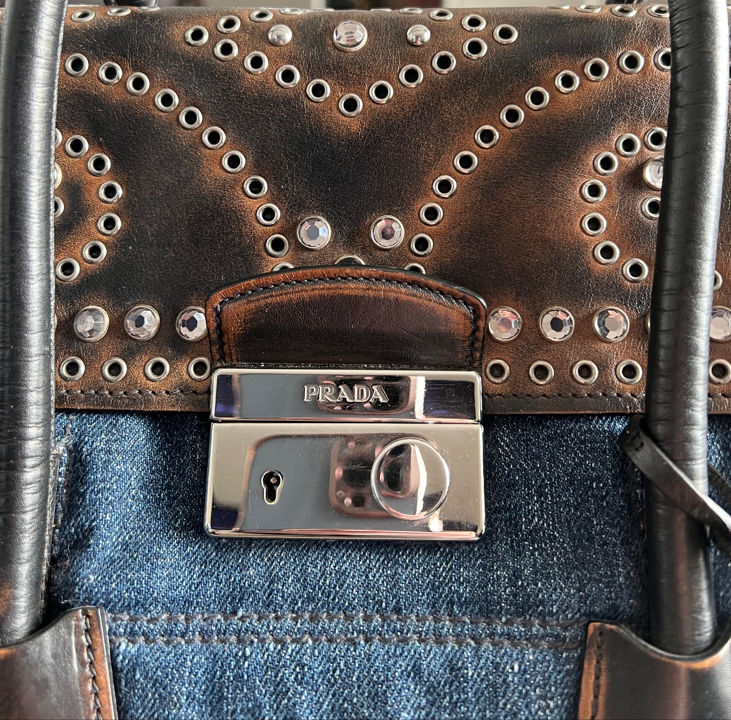 Prada Denim & Leather Studded Satchel