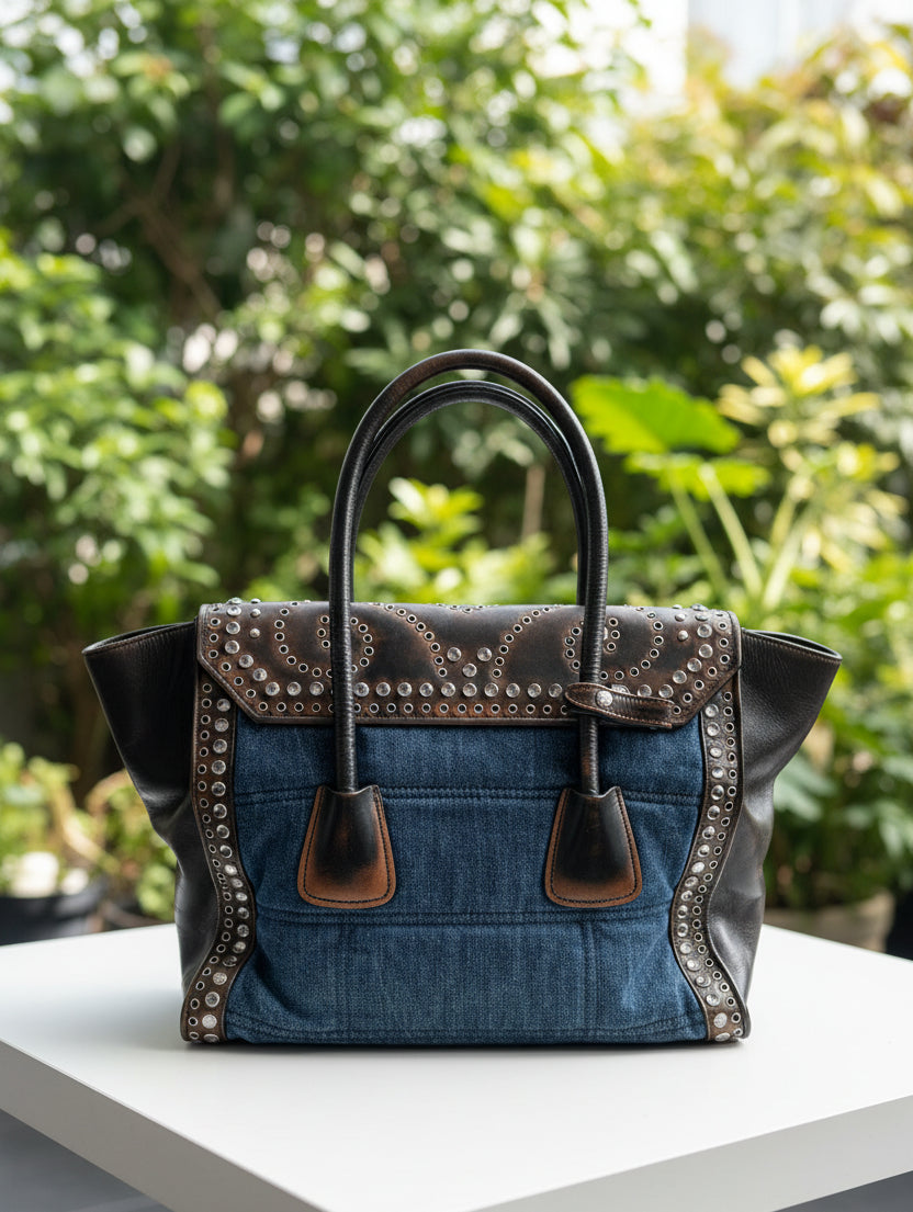 Prada Denim & Leather Studded Satchel