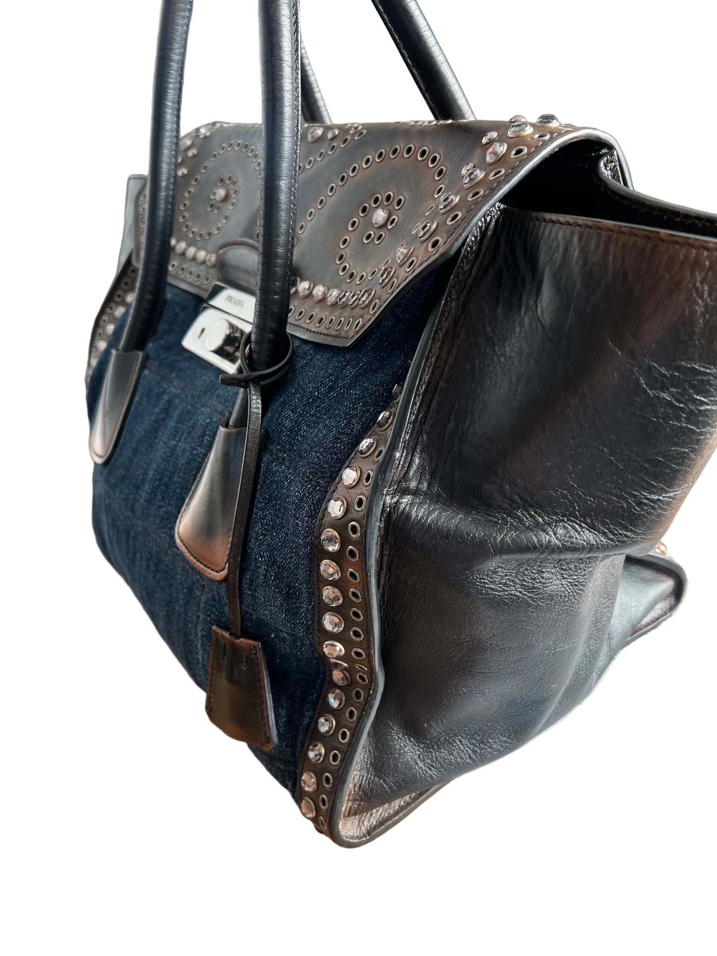 Prada Denim & Leather Studded Satchel