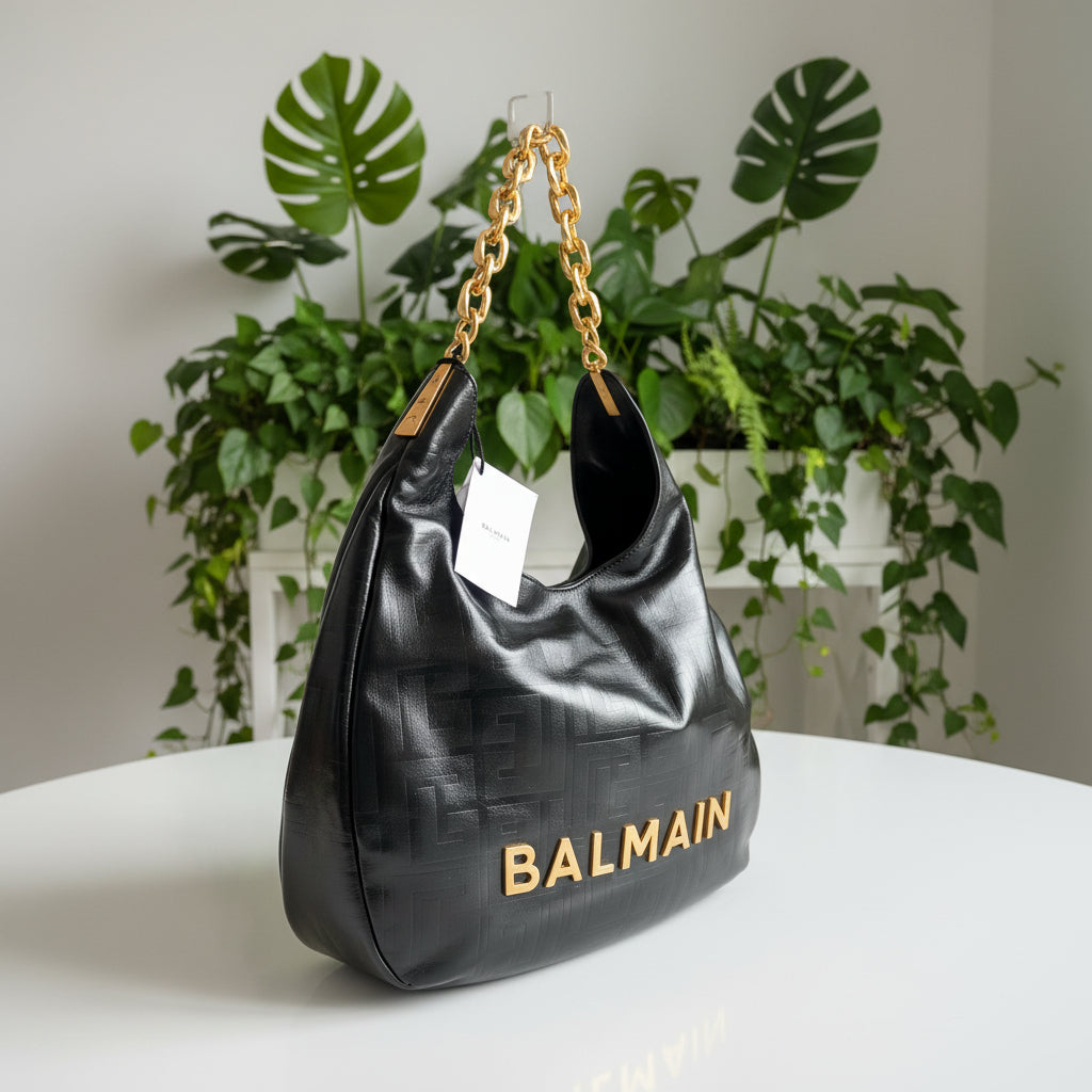 Balmain 1945 Moon Shoulder Bag in PB Embossed Crinkle Leather