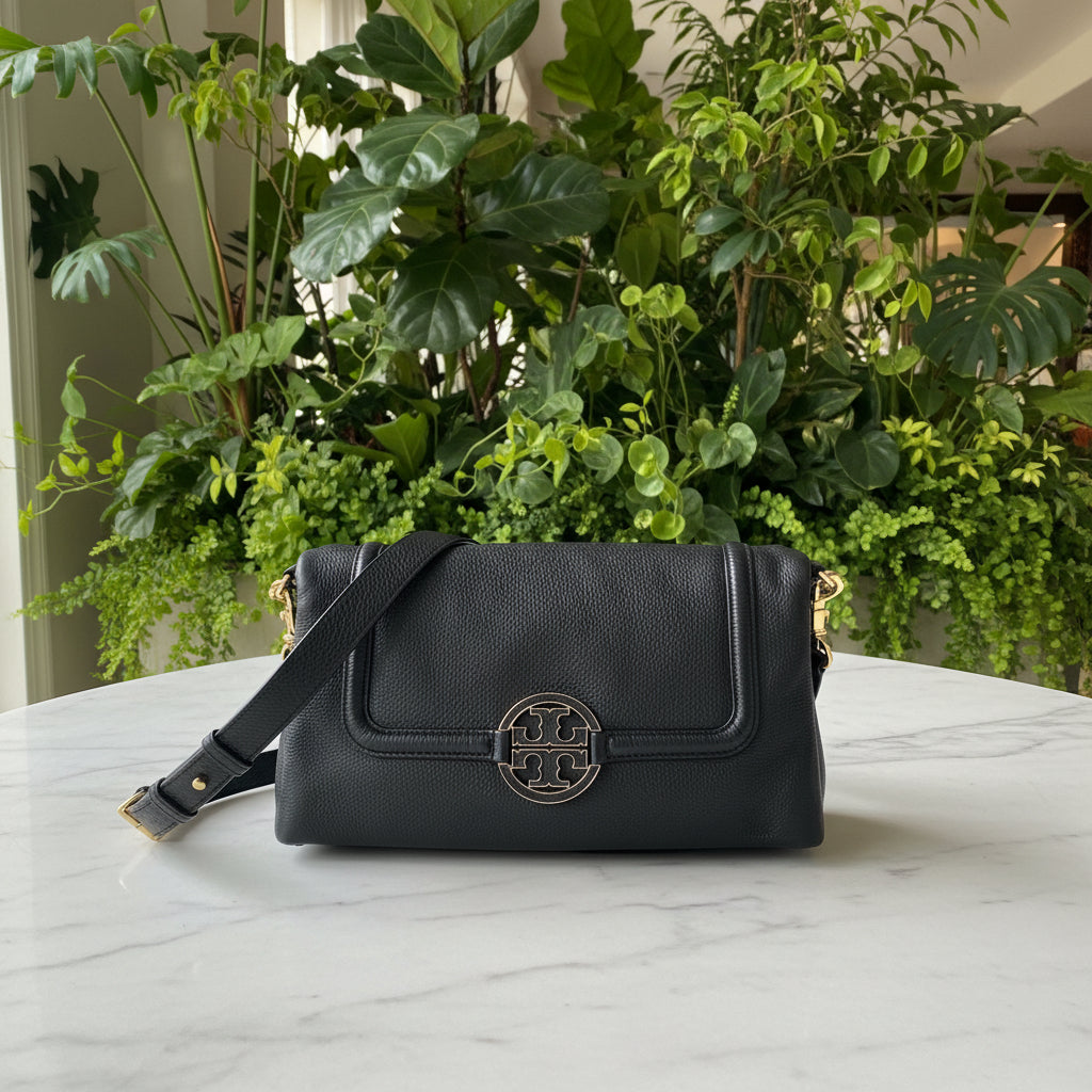 Tory Burch Black Pebbled Leather Foldover Crossbody