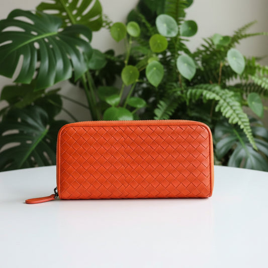 Bottega Veneta Orange Intrecciato Leather Wallet