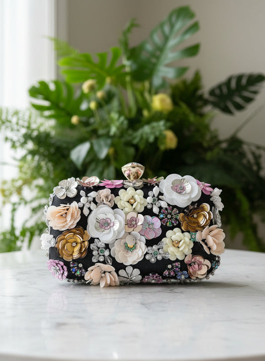 Black Satin Beaded Flowers Clutch w/Chain