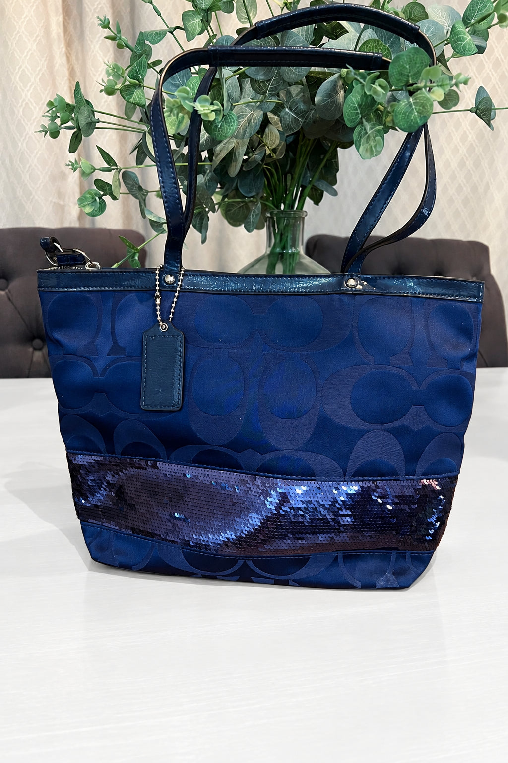 Coach Blue Sequin Stripe Signature Tote