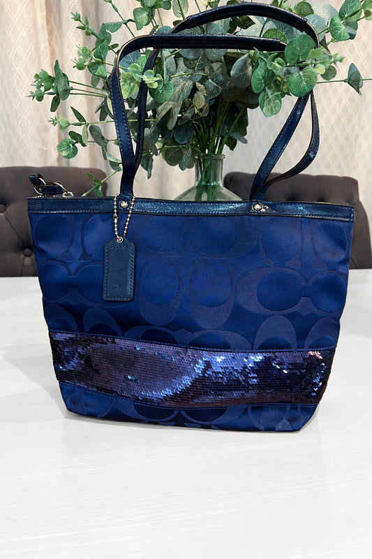 Coach Blue Sequin Stripe Signature Tote