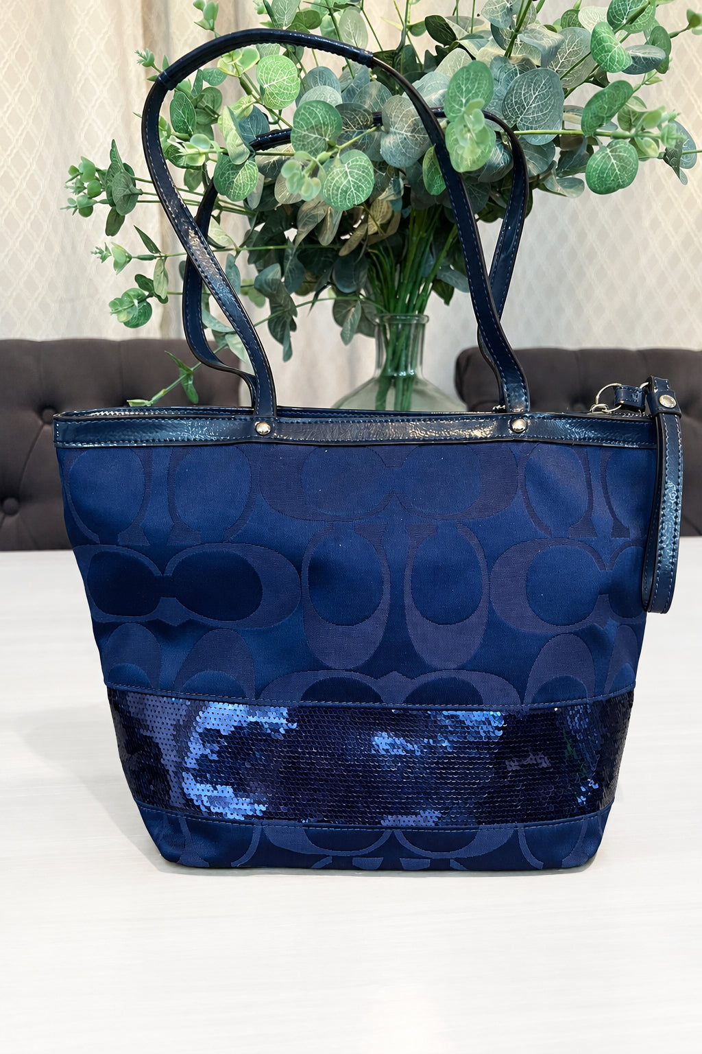 Coach Blue Sequin Stripe Signature Tote