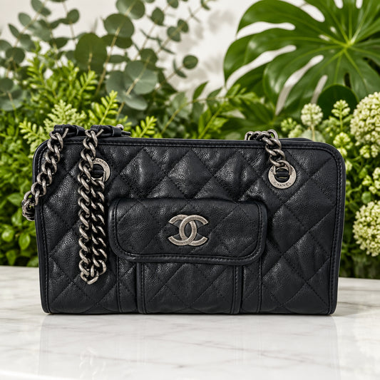 Chanel Black Casual Riveria Zip Leather Ruthenium Chain Shoulder Bag
