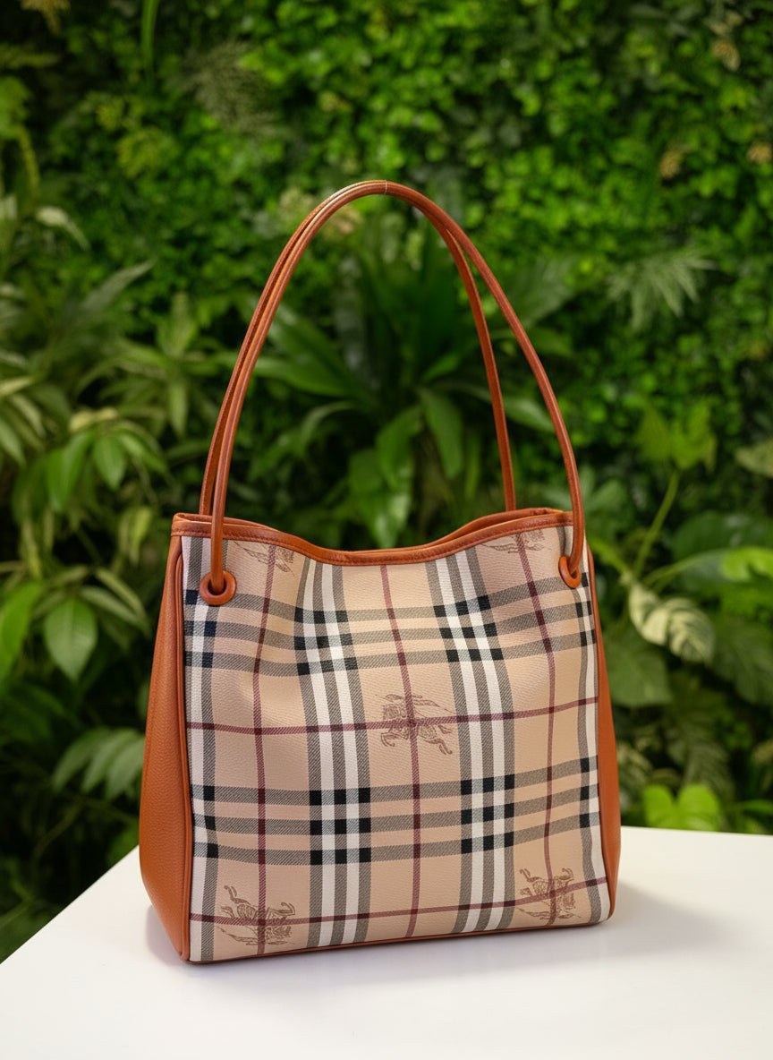 Burberry Haymarket Check Orange Leather Tote