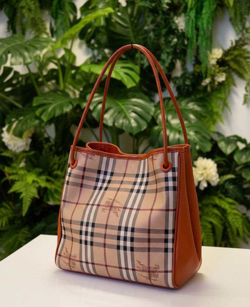 Burberry Haymarket Check Orange Leather Tote