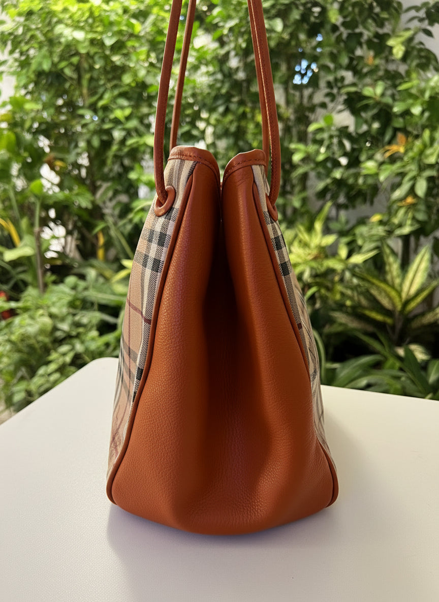 Burberry Haymarket Check Orange Leather Tote
