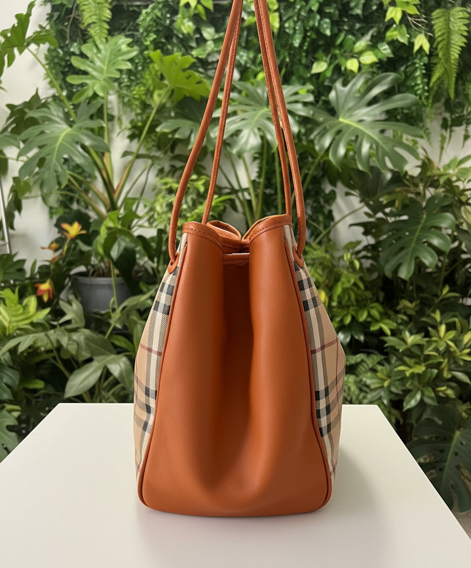 Burberry Haymarket Check Orange Leather Tote