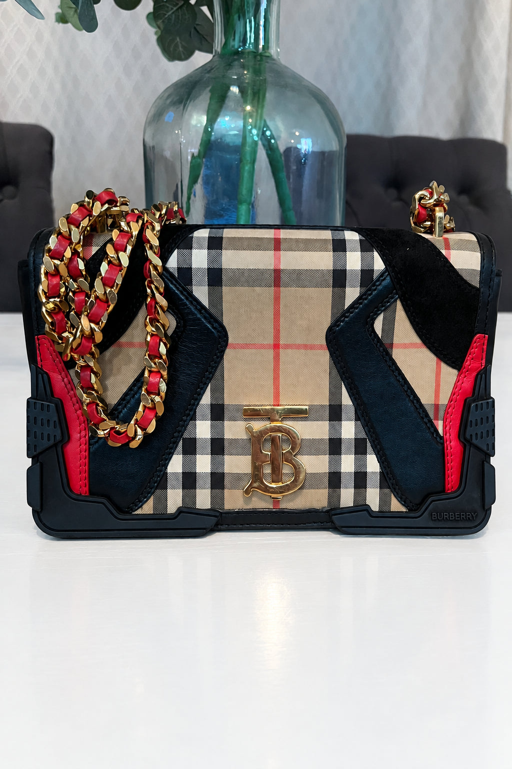Burberry Lola Shoulder Bag Check Canvas with Leather and Suede