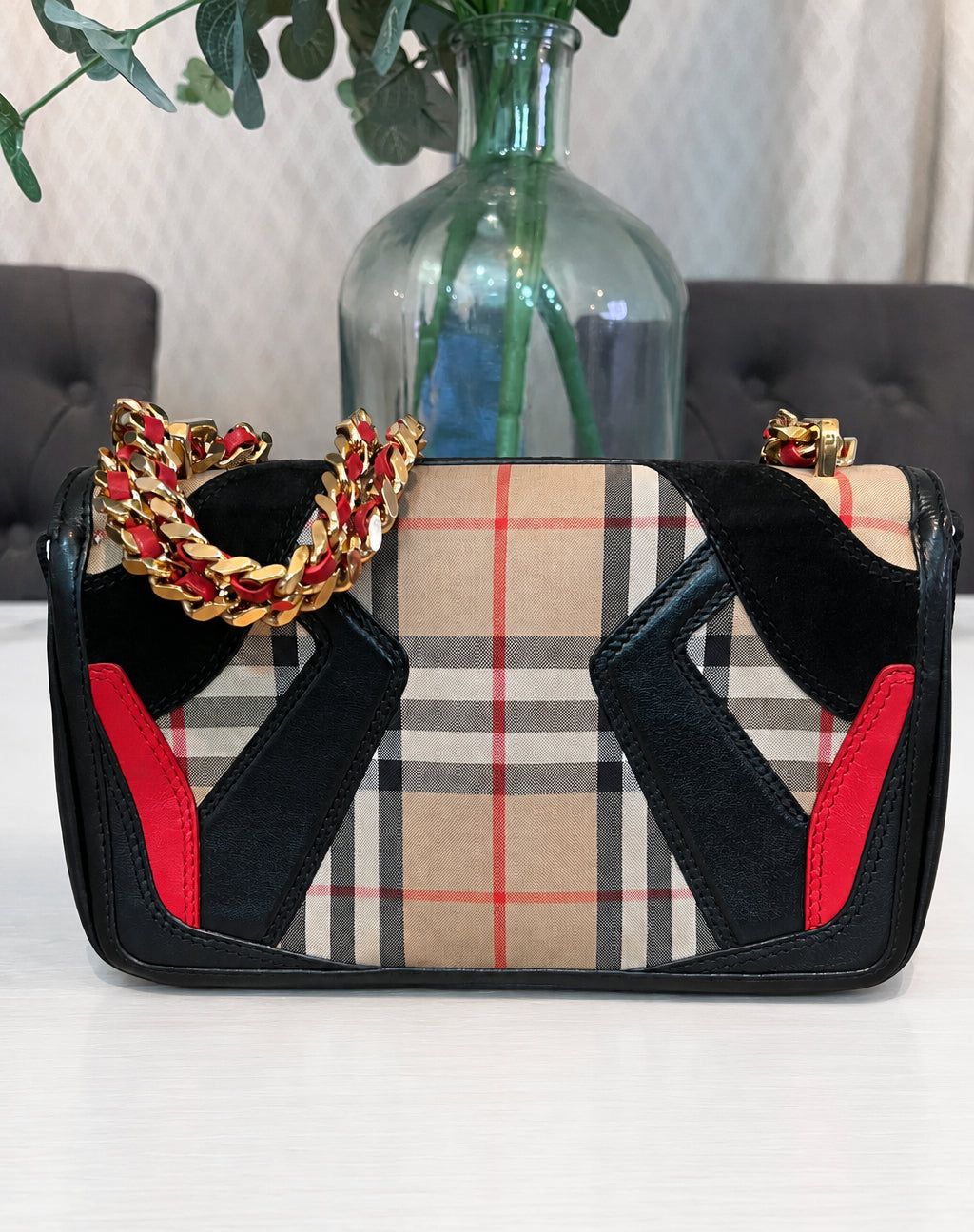 Burberry Lola Shoulder Bag Check Canvas with Leather and Suede